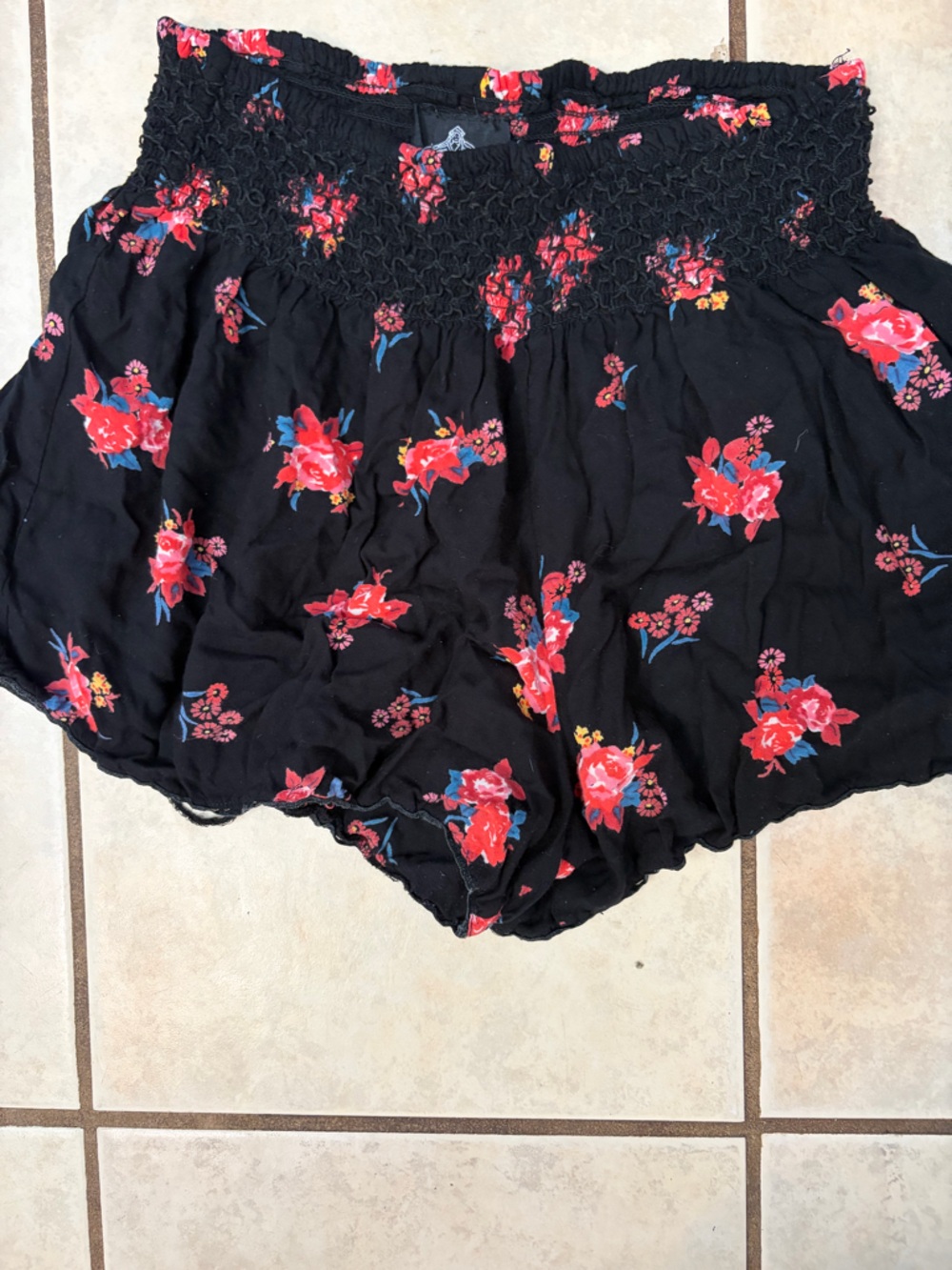 Angie Black Floral Smocked Crop Top with Red Accents
